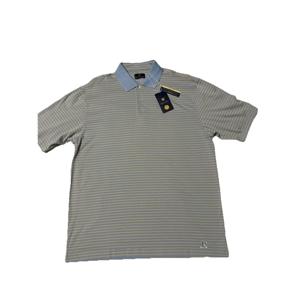 Sakmann Men's Golf Shirt Large Blue Yellow Striped Moisture Wicking NWT
